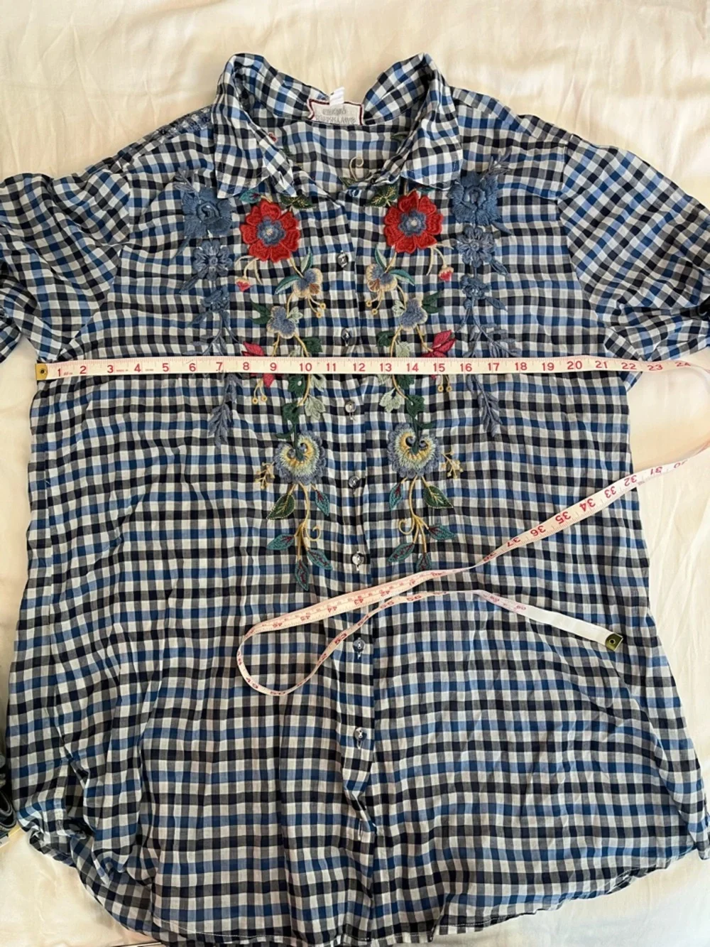Johnny Was Blue Gingham Embroidered Peasant Tunic - Picture 11 of 12